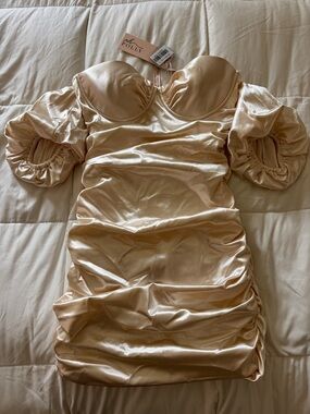 Oh Polly Ivory Satin Ruched Off-Shoulder Mini Dress